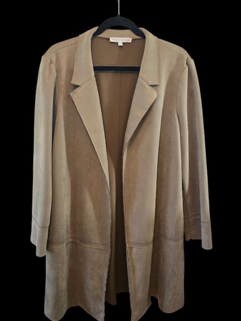 Faux suede tan open trench coat Preston & York size 14 comfy warm office casual